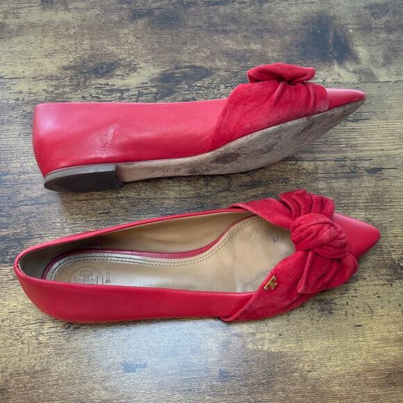 Tory Burch Womens Red 8M Eleanor Flat Suede Bow Pointed Toe Shoe Office Wear - Picture 3 of 8